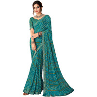 AKHILAM Womens Embellished Lace work Chiffon Bandhani Saree With Unstitched Blouse Piece (Teal blue_SIMYA25801C_TFH)