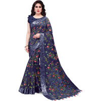 MIRCHI FASHION Womens Plain Weave Cotton Blend Floral Printed Saree with Blouse Piece (33187-Navy Blue)