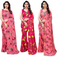 SIRIL Womens Printed Georgette Saree with Blouse Combo Pack Of 3(1850S178_1955S348_1955S344_Pink||Beet Red||French Rose Pink)