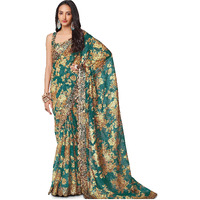 Zeel Clothing Womens Floral Organza Heavy Sequins Saree with Blouse (1106-Teal-Floral-Party-Wedding-Saree, Free Size) (Teal)