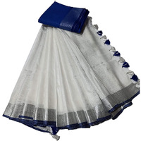 HAIDER ALI AND SONS Linen Slub White Colour Ethnic Wear Saree For Womens (With Blouse) (SILVER BLUE)