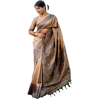 NK Textiles Womens Plain/Solid With Kalamkari Woven Border Raw Silk Saree With Tassels (13 Colors), Chikoo