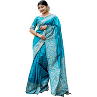 NK Textiles Womens Plain/Solid with Kalamkari Woven Border Raw Silk Saree with Tassels (13 COLORS)