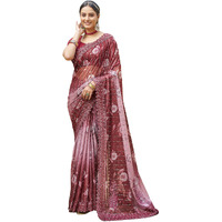 SIRIL Womens Lycra Floral Printed Lace Boarder Stone Work Saree With Unstitched Blouse Piece (3402S262_Maroon)