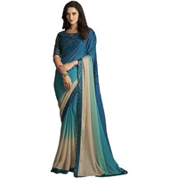 Satrani Womens Pure Chiffon Saree (3568S133N_Beige & Turquoise & Peacock Blue)