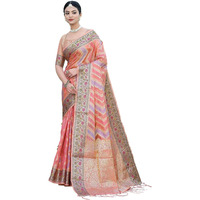 SIRIL Womens Banarasi Jacquard, Tassel Organza Saree with Unstitched Blouse(3086S144_Peach)