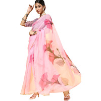 AKHILAM Womens Organza Printed Saree With Unstitched Blouse Piece (Pink_NAVYA1003)