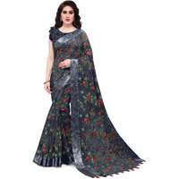 MIRCHI FASHION Womens Plain Weave Cotton Blend Floral Printed Saree with Blouse Piece (33182-Black)