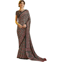 SAREE MALL Womens Ajrak Crepe Satin Printed Saree With Unstitched Blouse Piece(Black_MOHAR203B_HS)