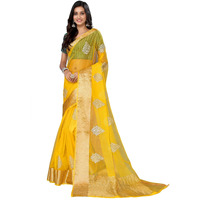 SIRIL Womens Jacquard Border, Dyed, Embroidery Organza Saree with Unstitched Blouse(2844S148_Yellow, Golden)