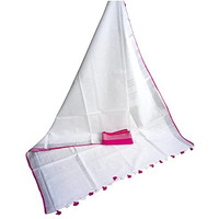 HAIDER ALI AND SONS Linen Slub White Colour Ethnic Wear Saree For Womens (With Blouse) (SILVER PINK)