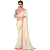 AKHILAM Womens Embroidery Lace & Sequence Embroidery Chiffon Saree With Unstitched Blouse Piece (Off White_SNDLWOD1105_TFH)