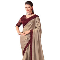 AKHILAM Womens Embroidery Lace & Sequence Embroidery Georgette Saree With Unstitched Blouse Piece (Beige_SNDLWOD1110_TFH)