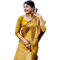 NK Textiles Womens Plain/Solid With Kalamkari Woven Border Raw Silk Saree With Tassels (13 Colors), Mustard