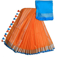 HAIDER ALI AND SONS Womens Linen Slub Saree with Blouse Piece (Orange)