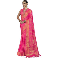 SAREE MALL Womens Kanchipuram Silk Blend Saree With Unstitched Blouse (Pink Silk Blend KENAS72002_Pink)