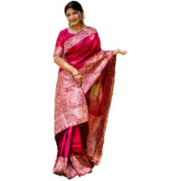 NK Textiles Womens Plain/Solid With Kalamkari Woven Border Raw Silk Saree With Tassels (13 Colors), Pink