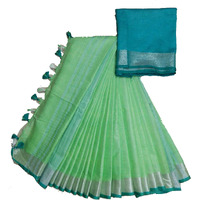 Handloom Fabric Womens Bhagalpuri Linen Saree With Contrast Blouse (HF09-LG_Light Green)