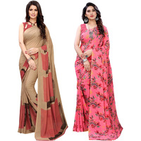 SIRIL Womens Printed Georgette Saree with Blouse Combo Pack Of 2(1182S117_1955S344_Beige||Pink1)
