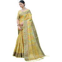 SIRIL Womens Banarasi Jacquard, Tassel Organza Saree with Unstitched Blouse(3086S146_Yellow)