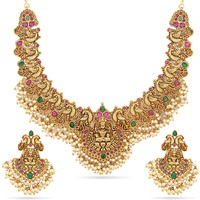 Shining Diva Fashion Latest Stylish Design Fancy Pearl Choker Traditional Temple Necklace Jewellery Set for Women (14822s) (Golden)