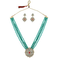 ZAVERI PEARLS Crystal Shine Multistrand Green Beads Ethnic Kundan Necklace & Earring Set For Women-ZPFK9786