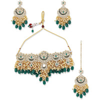 ZAVERI PEARLS Green Meenakari Bridal Choker Necklace Earring & Maangtikka Set For Women-ZPFK10497