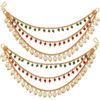 Zeneme Women's Gold Plated Long Hair Red Green Bahubali Golden Pearl Chain Jewellery Earring (Multi)