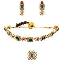 ZAVERI PEARLS Green & Pink Stones Ethnic Collar Bone Necklace Earring & Ring Set For Women-ZPFK11665