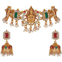 Shining Diva Fashion Latest Stylish Design Fancy Pearl Choker Traditional Temple Necklace Jewellery Set for Women (13873s) (Golden)
