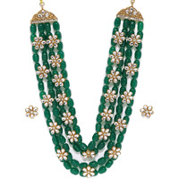 ZAVERI PEARLS Green Beads & Floral Kundan Necklace Set For Women-ZPFK9098