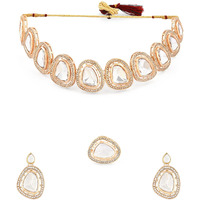 ZAVERI PEARLS Gold Tone Dazzling Kundan & Austrian Diamonds Necklace Earring & Ring Set For Women-ZPFK16067