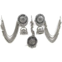 Shining Diva Fashion Latest Oxidised Silver Antique Design Stylish Traditional Maang Tikka Jhumka Earrings Jewellery Set for Girls (Silver) (12003s)