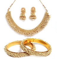 ZENEME Jewellery Set Gold Plated Pearl Wedding Bridal Necklace Jewellery With Earrings and Bangle Combo for Girl and Women (2.4, Gold) (White, 2.4)