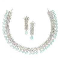 ZENEME Rhodium-Plated Sea Green and White American Diamond Stone-Studded Necklace with Earrings Jewellery Set for Women & Girls (Sea Green)