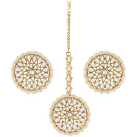 Peora 18K Gold Plated Kundan Pearl Royal Round Earring Maang Tikka Set Indian Traditional Jewellery for Women Girls