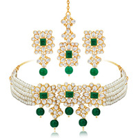 Peora Gold Plated Pearl Beaded Adjustable Choker Necklace with Earring Maang Tikka Jewellery Set For Women