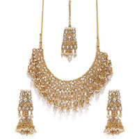 ZAVERI PEARLS Gold Tone Kundan & Pearls Bridal Choker Necklace Set For Women-ZPFK8454