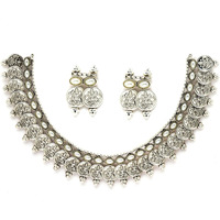 ZENEME New Antique Oxidised Silver Plated Traditional Temple Coin Red American Diamond Studded Necklace With Earrings Jewellery For Women & Girls (White)