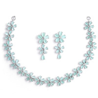 ZENEME Rhodium Plated Silver Toned White American Diamond Studded Flower Shaped Jewellery Set For Girls and Women (Sea Green)