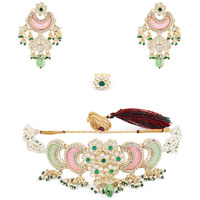 ZAVERI PEARLS Pink Green Stones Beads Multistrand Kundan Choker Necklace Earring & Ring Set For Women-ZPFK15652