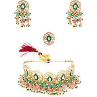 ZAVERI PEARLS Pink & Green Beads Cluster Drops Kundan Choker Necklace Earring & Ring Set For Women-ZPFK13800