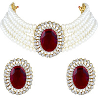 Peora Gold Plated Oval Maroon Stone Beaded Adjustable Necklace Jewellery Set for Women Girls