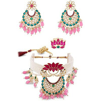 ZAVERI PEARLS Green & Pink Meenakari Lotus Multistrand Pearls Choker Necklace Earring & Ring Set For Women-ZPFK14831