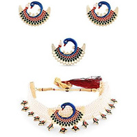 ZAVERI PEARLS Multicolor Meenakari Peacock Inspired Multistrand Pearls Choker Necklace Earring & Ring Set For Women-ZPFK14436