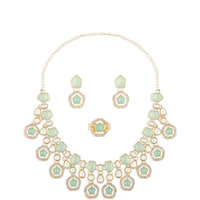ZAVERI PEARLS Mint Green Kundan Austrian Diamonds & Artificial Stones Embellished Necklace Earring & Ring Set For Women-ZPFK17098