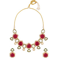 ZAVERI PEARLS Pink Stones Green Meenakari Austrian Diamonds Embellished Necklace & Earring Set For Women-ZPFK18068