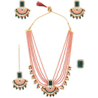 ZAVERI PEARLS Peach & Green Multistrands Bridal Necklace Earring Maangtikka & Ring Set For Women-ZPFK12626
