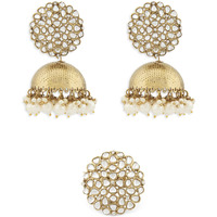 ZAVERI PEARLS Antique Gold Tone Traditional Kundan Jhumki Earring & Ring Set For Women-ZPFK13163