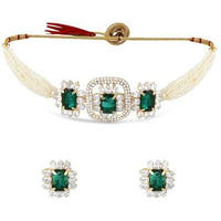 ZAVERI PEARLS Green Statement Stones Embellished Multistrand Beaded Choker Necklace & Earring Set For Women-ZPFK17202